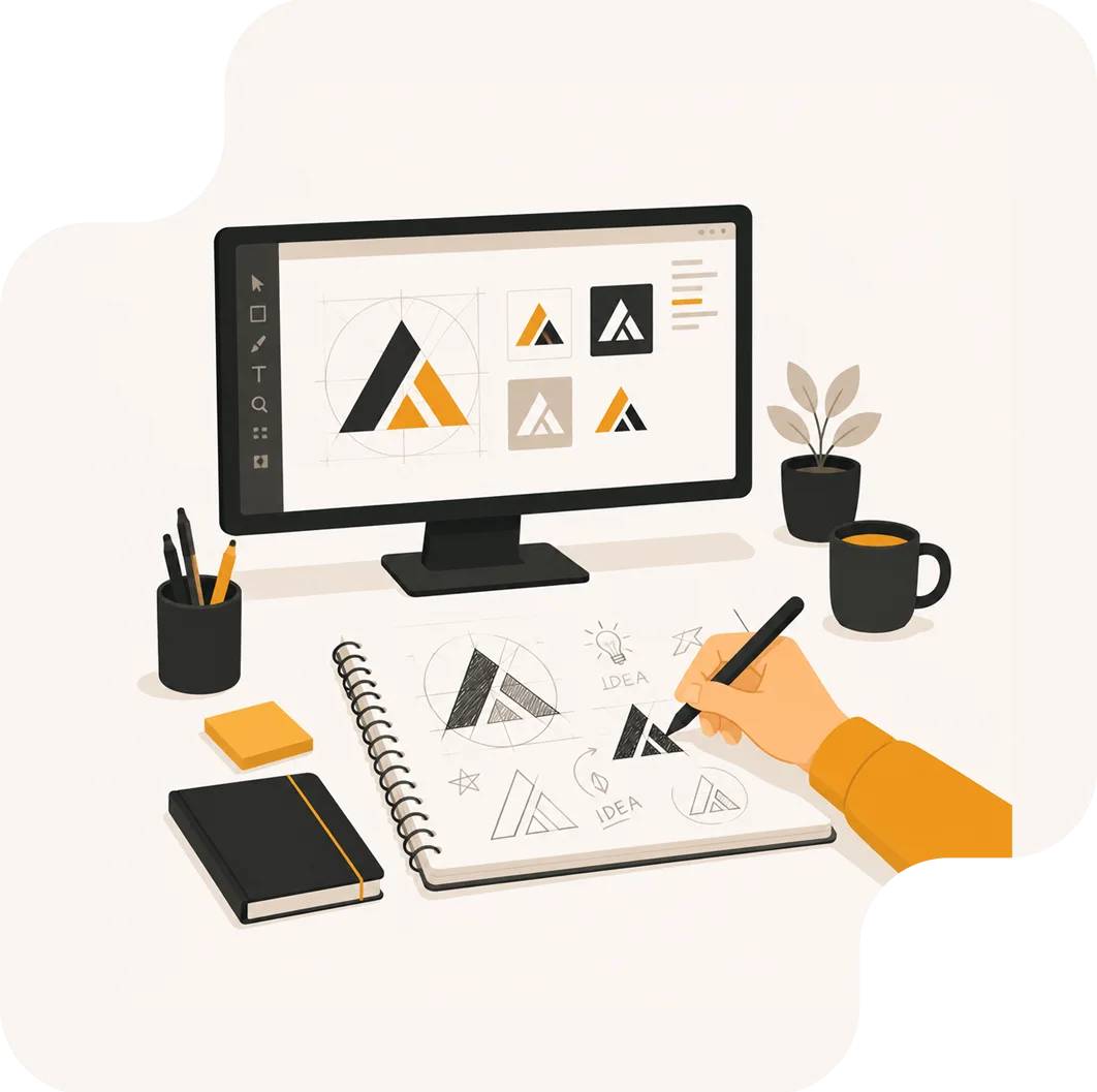 A workspace with a laptop, notebook, and coffee cup.